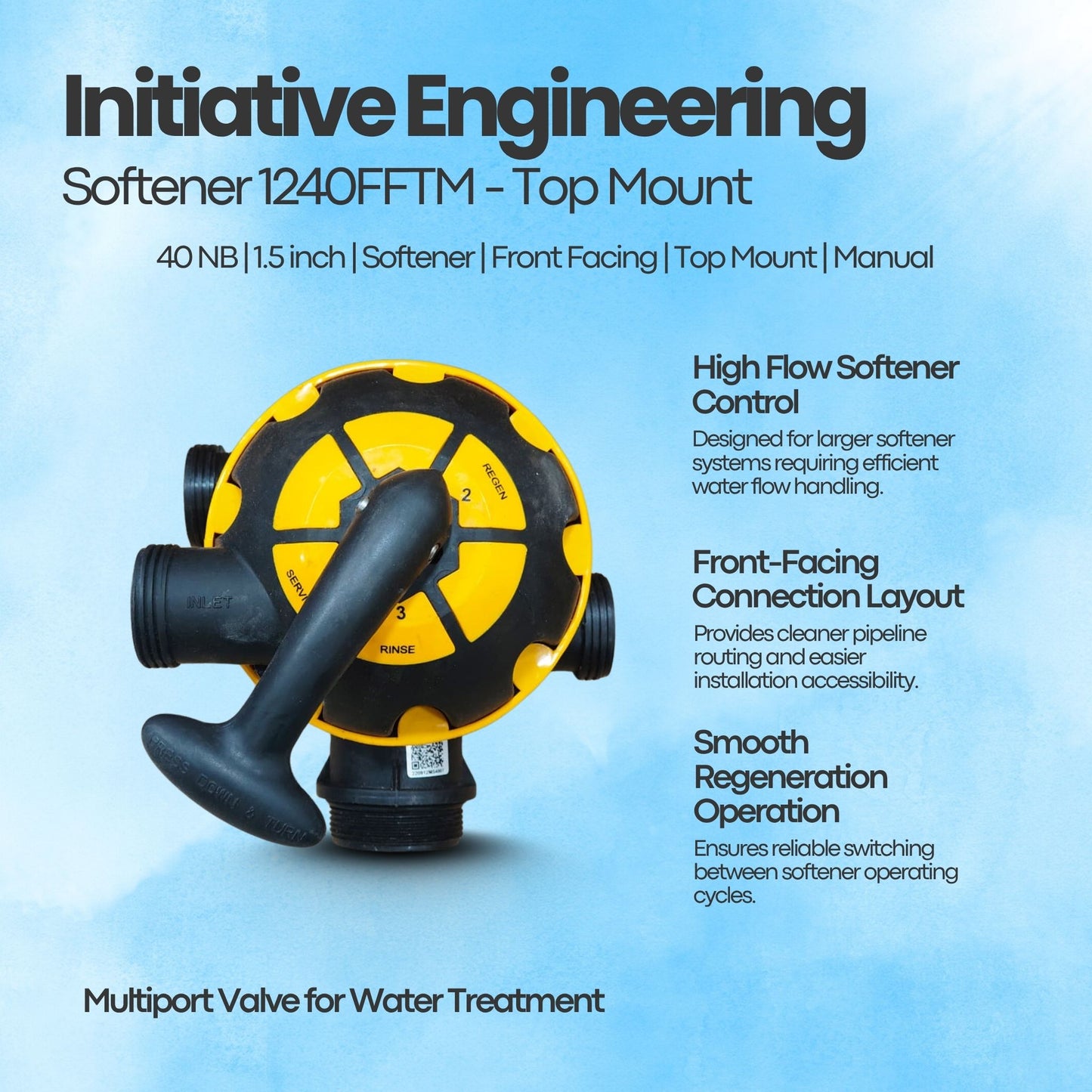 Softener S1240FFTM Multiport Valve by Initiative Engineering (40 NB, Top Mount, Softener, Front Facing)