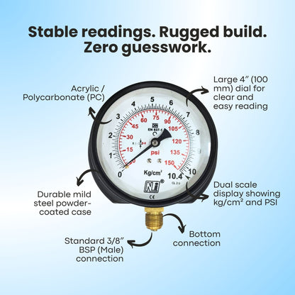 4″ (100 mm) Commercial Pressure Gauge 0–150 PSI (0–10 kg/cm²)