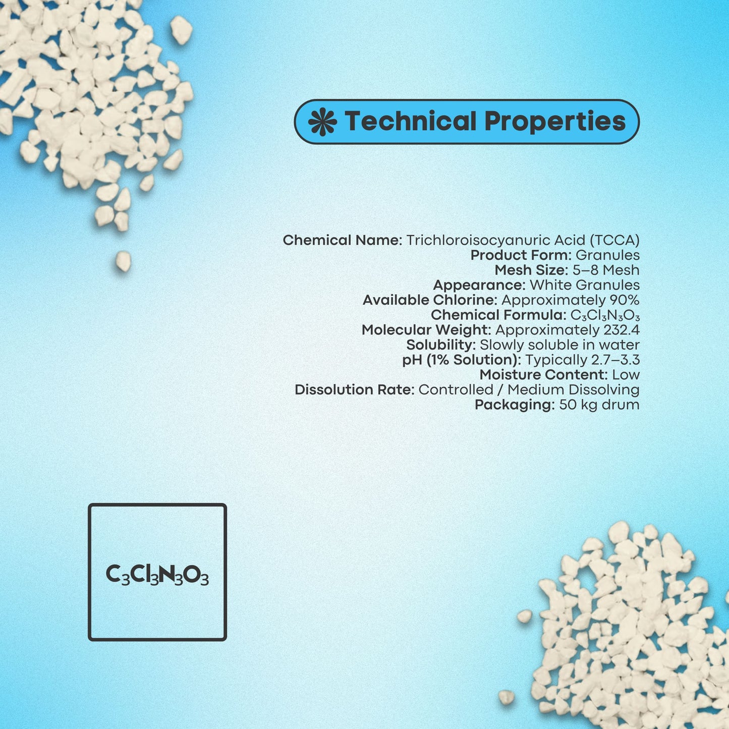 TCCA 90 Chlorine Granules (5–8 Mesh) | Trichloroisocyanuric Acid 90%